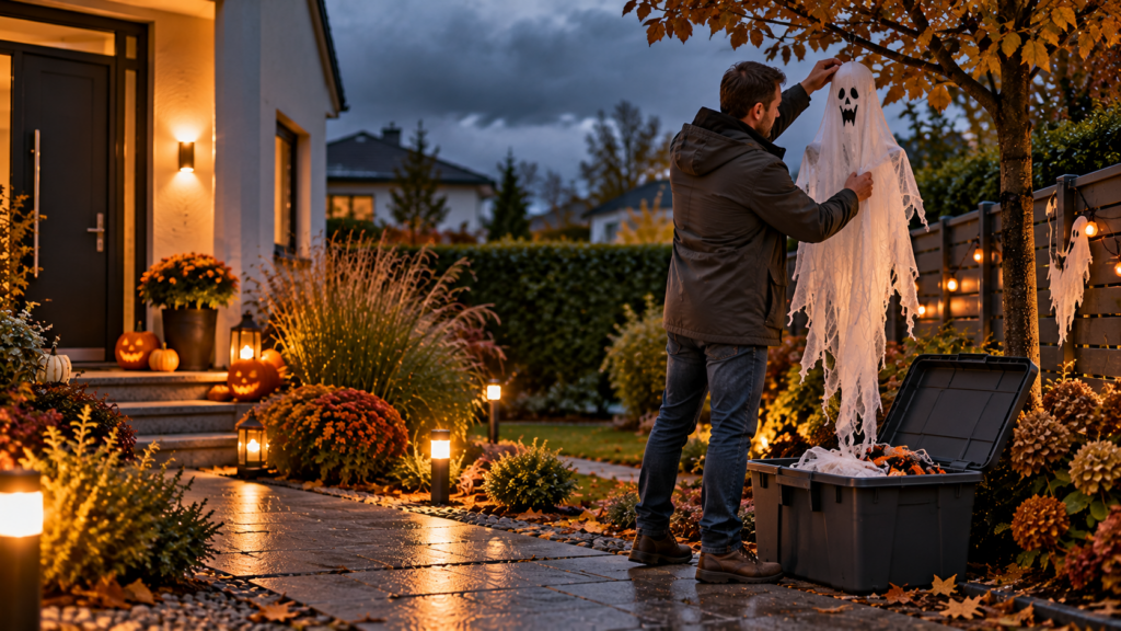Halloween-Deko vor starkem Wind rechtzeitig abbauen und geschützt verstauen.