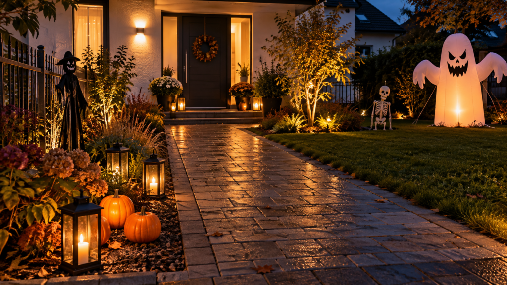 Halloween-Vorgarten mit freiem Besucherweg, seitlichen Dekozonen und separater Effektfläche.