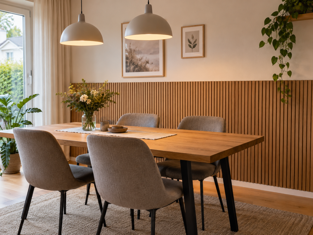 Gemütliches Esszimmer mit halbhoher Wandvertäfelung aus Eiche-Akustikpaneelen hinter einem Holztisch und gepolsterten Stühlen.