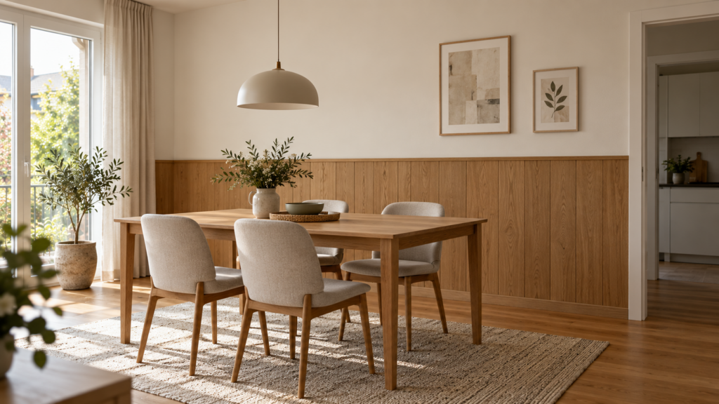 Modernes Esszimmer mit halbhoher Wandverkleidung aus Eiche, weißer Wandfläche und Esstisch aus Holz.