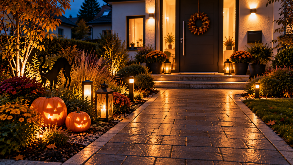 Halloween-Beleuchtung mit warmweiß beleuchtetem Gartenweg und orangefarbenen LED-Kürbissen im Beet.