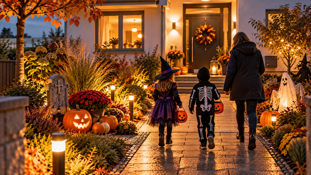 Kinder besuchen einen sicher dekorierten Halloween-Garten mit freiem Weg und gut sichtbarer Haustür.