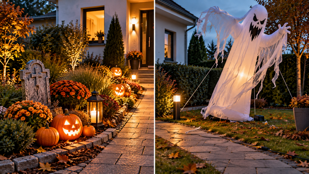 Vergleich zwischen kompakter sicherer Halloween-Gartendeko und windanfälliger großer Dekoration.