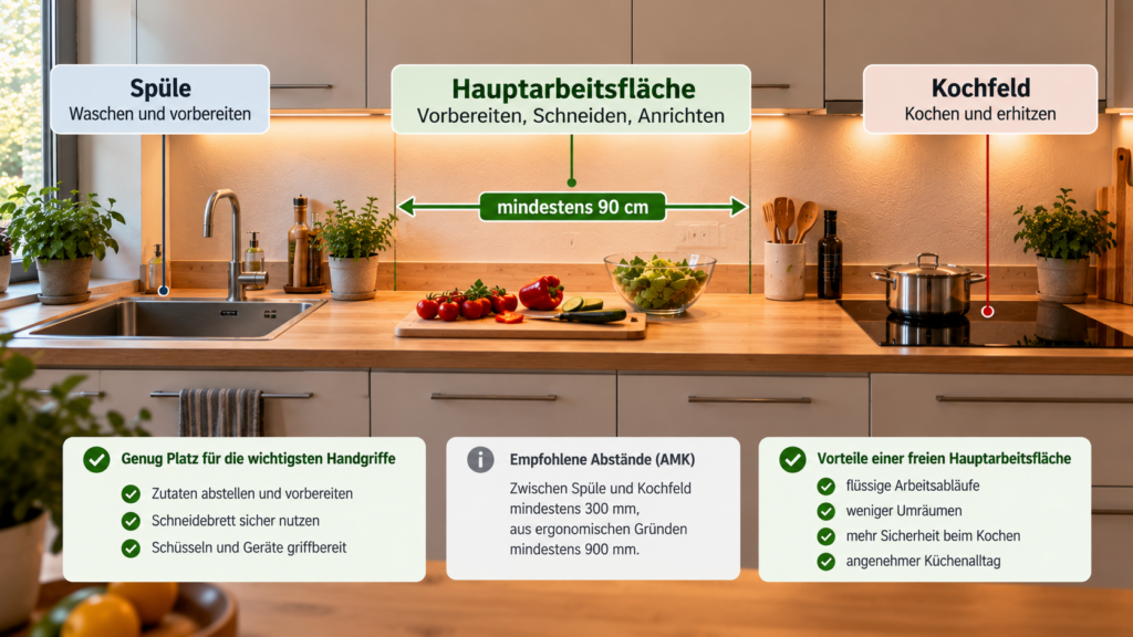 Freie Hauptarbeitsfläche zwischen Spüle und Kochfeld