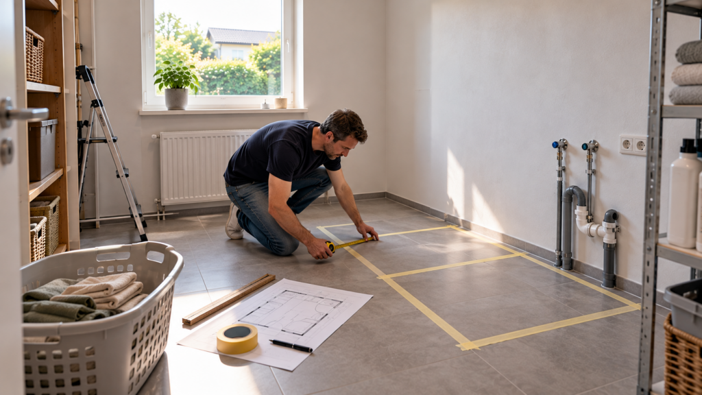 Hauswirtschaftsraum vor dem Umbau mit Maßband, Klebeband und Wäschekorb praktisch testen.