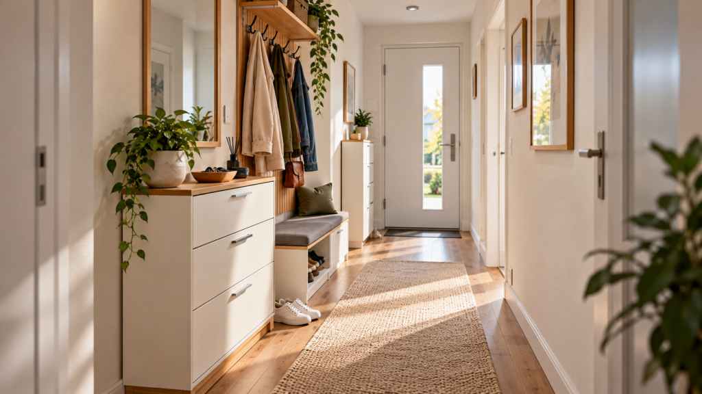 Schmaler Flur mit flachem Schuhschrank, Garderobenhaken und ausreichend freiem Laufweg.
