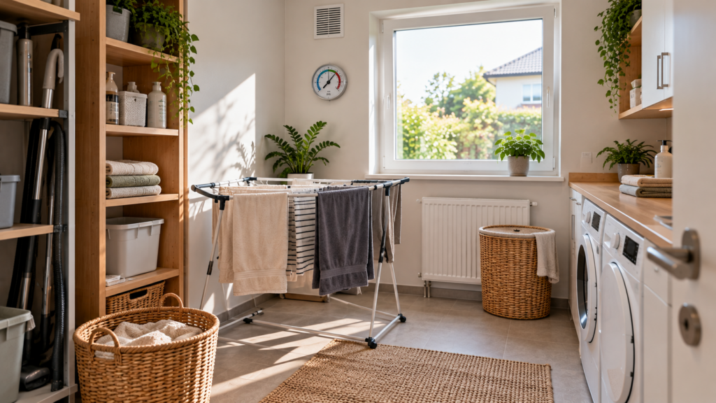 Hauswirtschaftsraum mit Wäscheständer, Fenster und Hygrometer zur Kontrolle der Luftfeuchtigkeit.