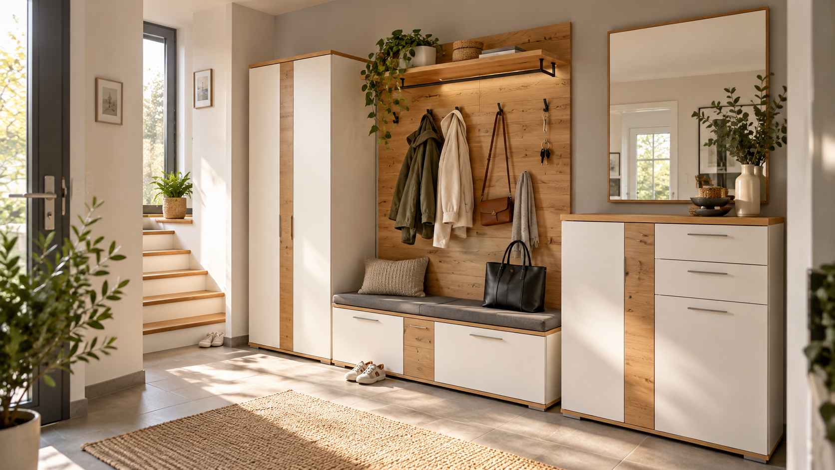 Flur mit Garderobenschrank, Schuhbank und Stauraum wirtschaftlich planen