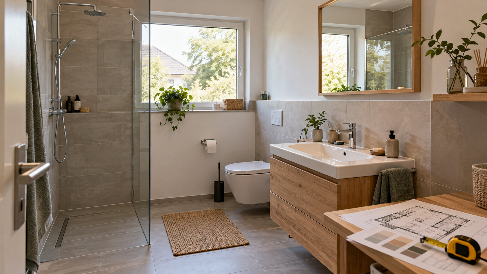 Helles Badezimmer mit Dusche, Waschtisch und Renovierungsunterlagen zur Planung der Gesamtkosten