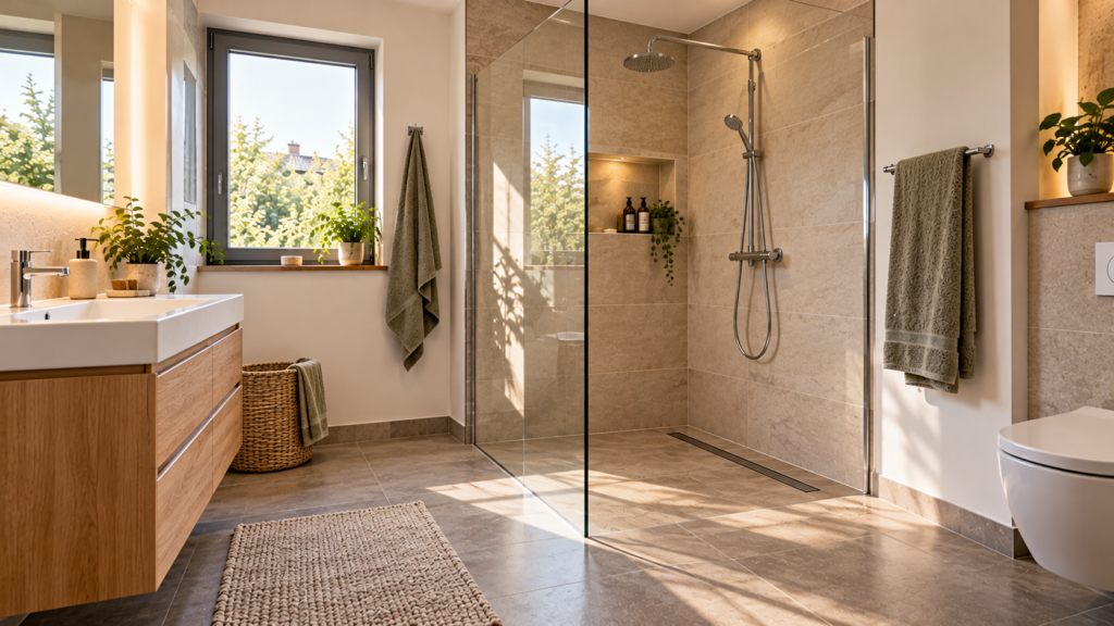 Fertig geplante und alltagstaugliche bodengleiche Dusche mit Glasabtrennung in einem ruhigen Badezimmer.