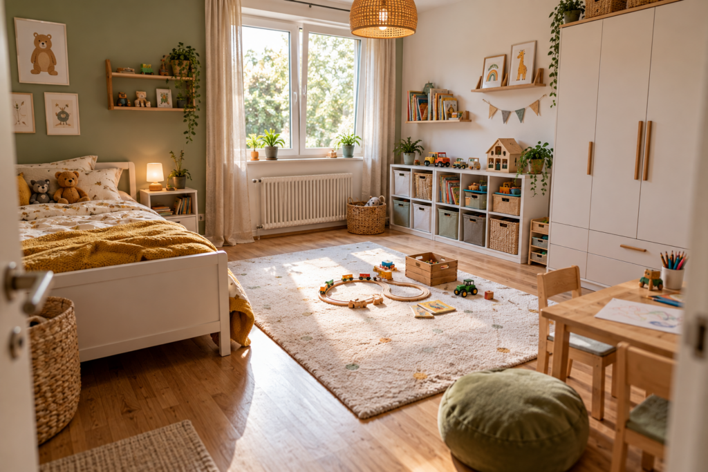 Kinderzimmer planen mit Bett, freier Spielfläche, Stauraum und flexibler Aktivzone
