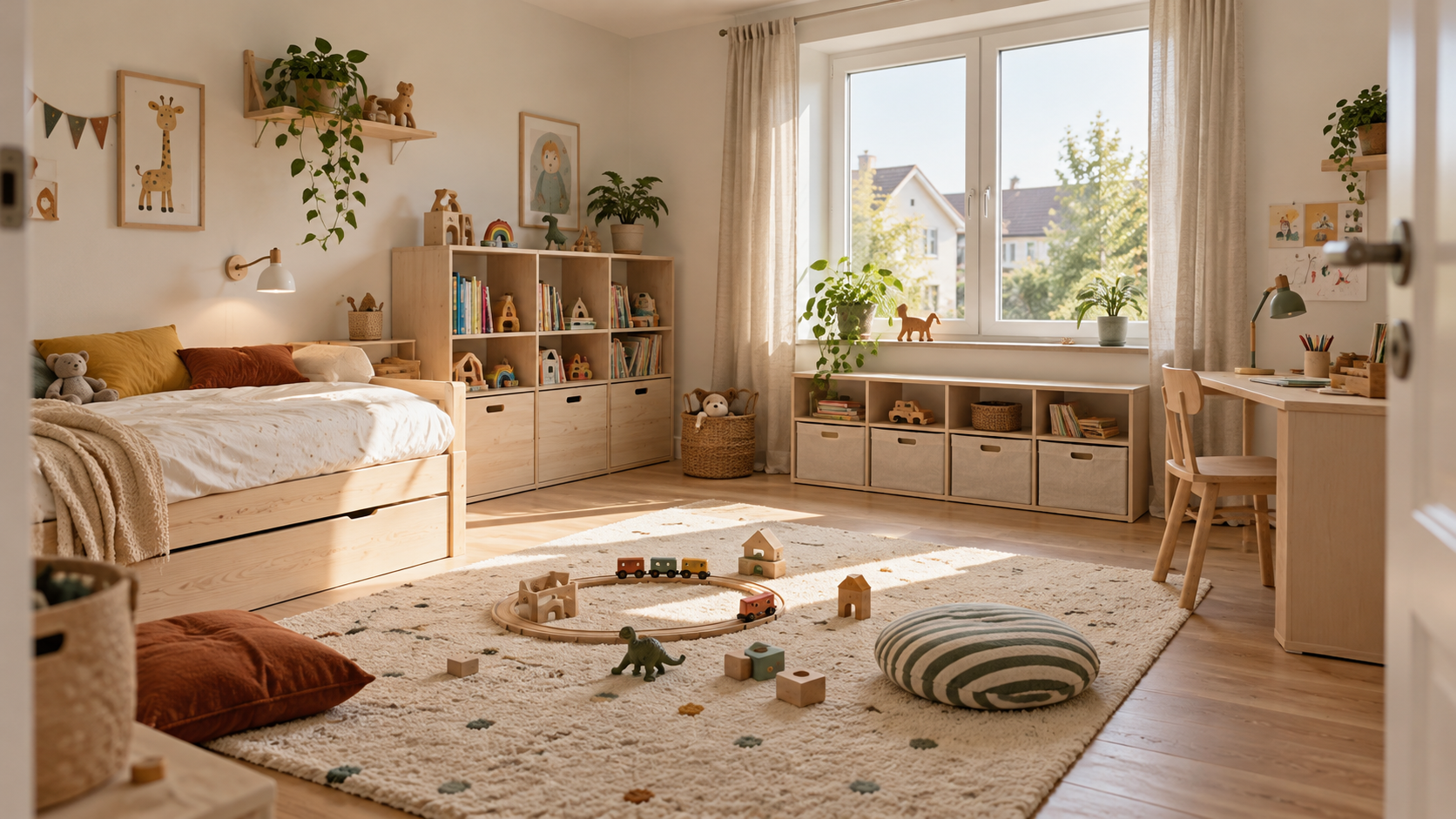 Mitwachsend geplantes Kinderzimmer mit zeitlosem Bett, flexiblem Stauraum und freier Spielfläche