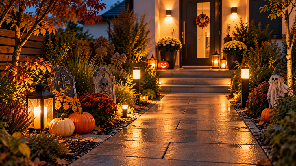 Sicher und kostengünstig gestalteter Halloween-Vorgarten mit Kürbissen, LED-Laterne und freiem beleuchtetem Gartenweg.