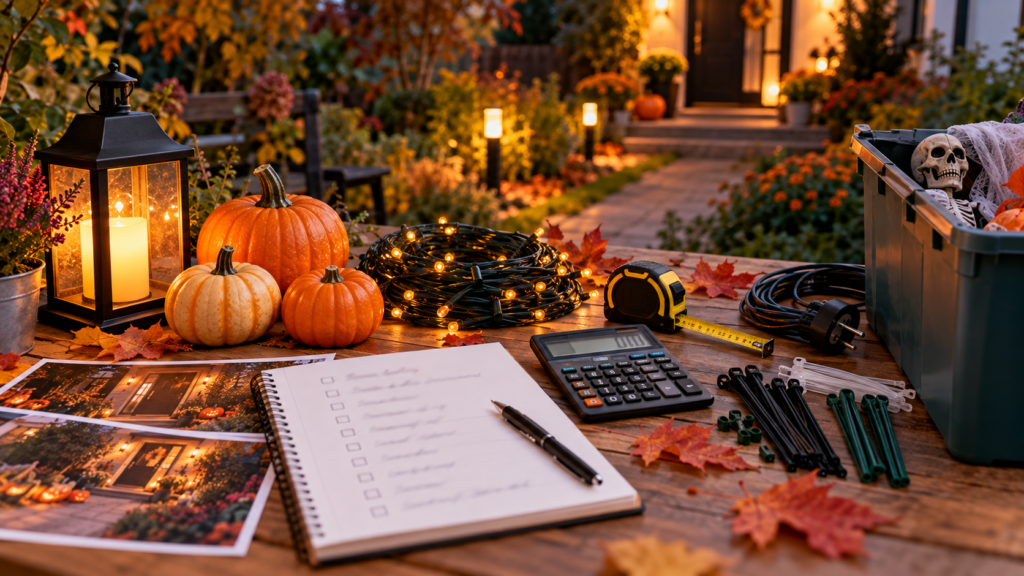 Budgetplanung für Halloween-Deko im Garten mit Einkaufsliste und Taschenrechner.