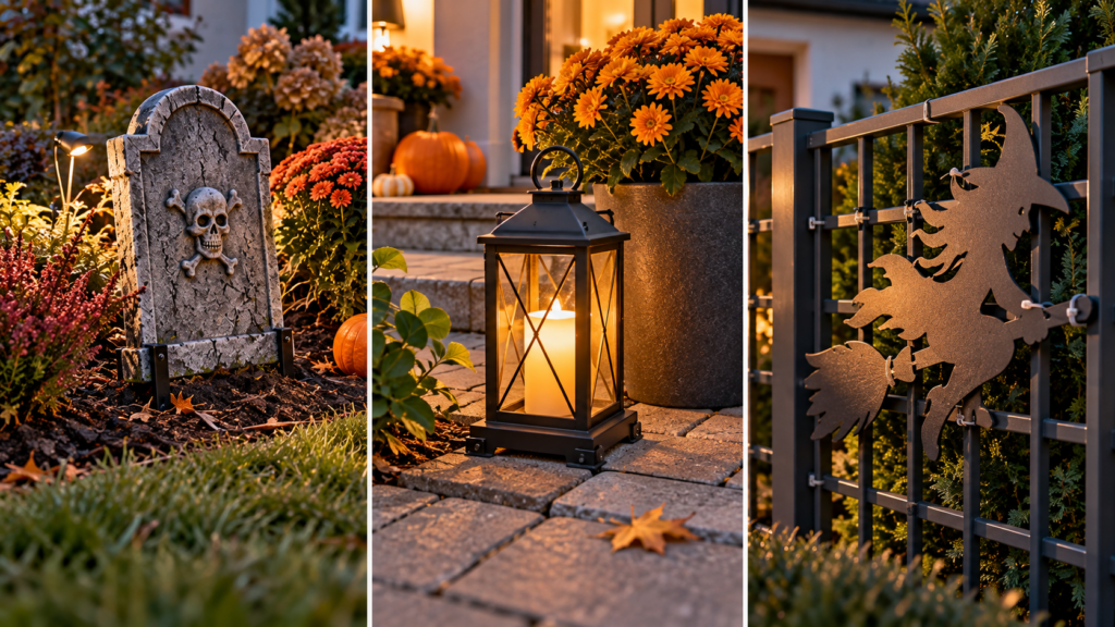 Halloween-Deko richtig befestigen auf Rasen, Pflaster und Gartenzaun.