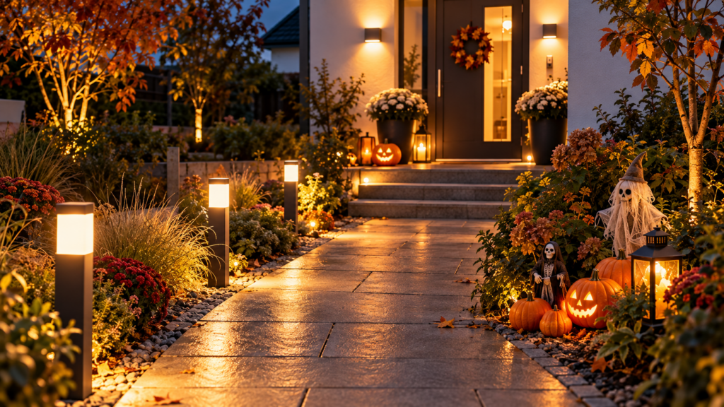 Dauerhafte Außenbeleuchtung und saisonale Halloween-Deko an einem sicher beleuchteten Gartenweg.