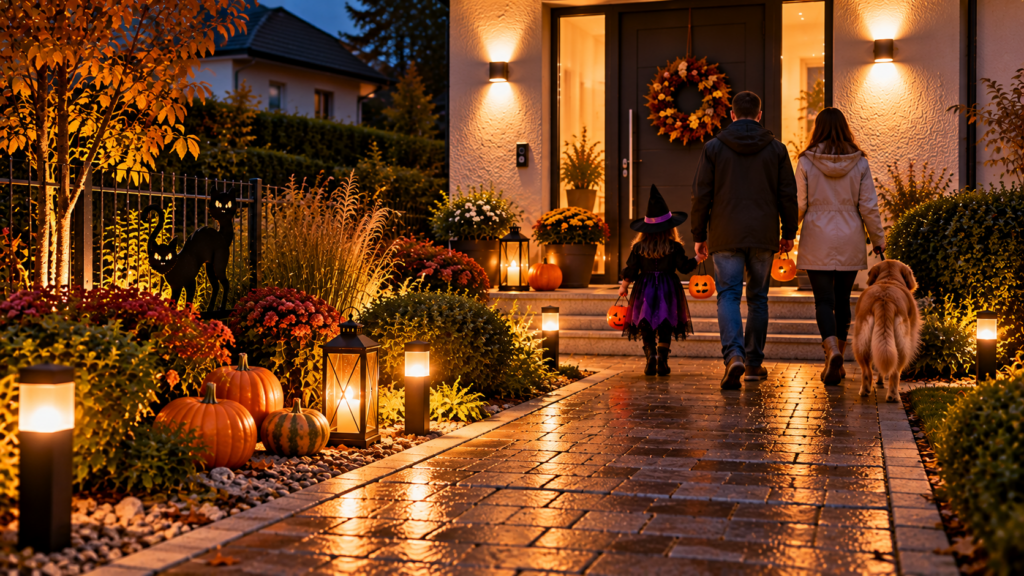 Sicher gestalteter Halloween-Garten mit freiem beleuchtetem Weg, Kürbissen und LED-Laternen vor einem Einfamilienhaus.