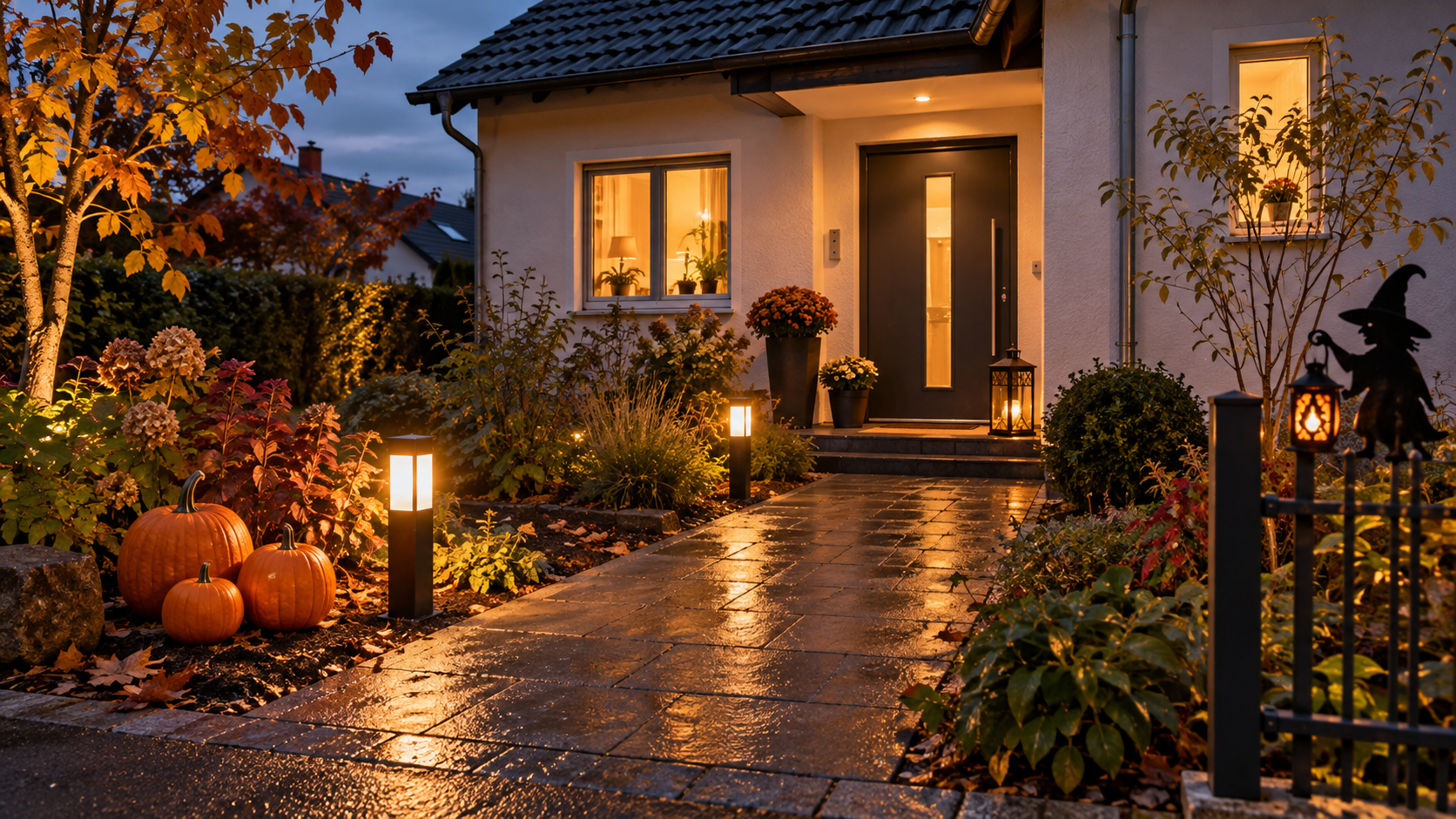 Halloween-Deko im Garten mit sicher beleuchtetem Weg, Kürbissen und LED-Laternen vor einem Einfamilienhaus