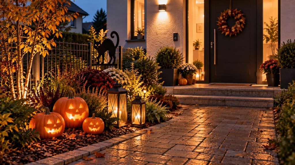 Familienfreundliche Halloween-Deko mit niedrigen Kürbissen und LED-Laternen neben einem freien Gartenweg.