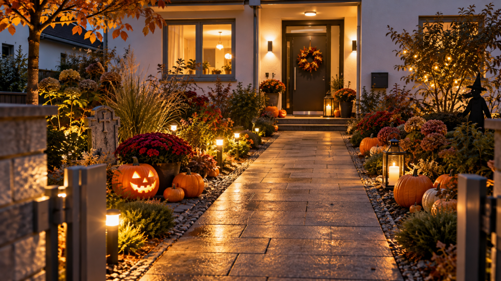 Sicher gestaltete Halloween-Deko im Vorgarten mit freiem Gartenweg, Kürbissen und LED-Beleuchtung.