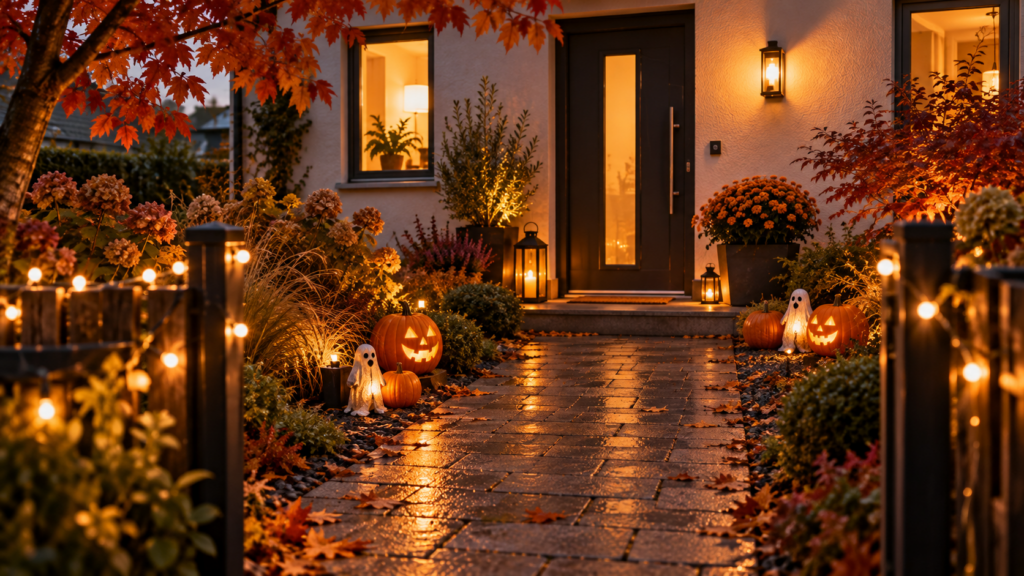 Halloween-Deko im Vorgarten mit Kürbissen, Figuren und LED-Licht als Beispiel für ein Budget von 180 Euro.
