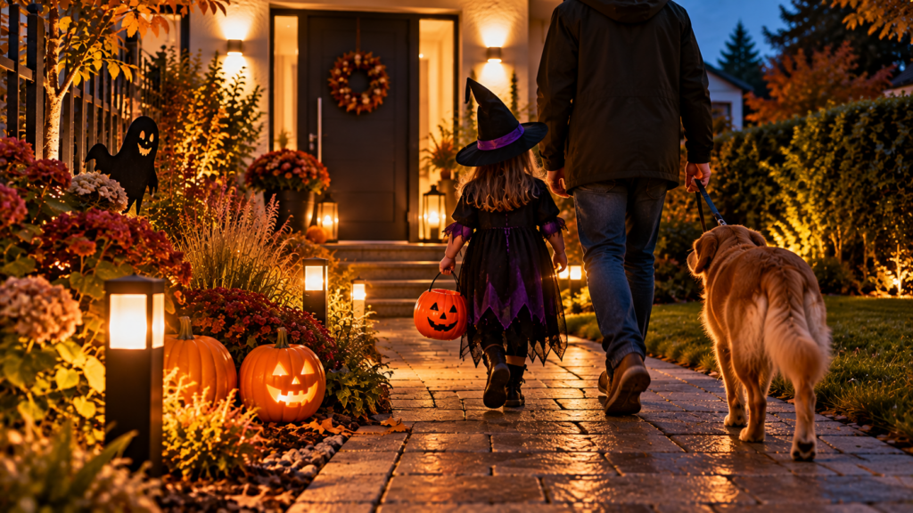 Kind und Elternteil gehen sicher über einen beleuchteten Gartenweg mit seitlicher Halloween-Dekoration.
