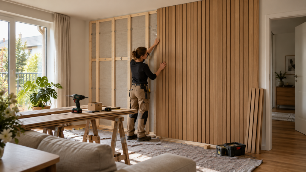 Handwerkerin montiert vertikale Eichenholzpaneele an einer Wohnzimmerwand mit sichtbarer Holz-Unterkonstruktion.