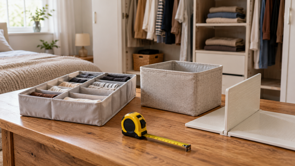Schubladenteiler, textile Aufbewahrungsbox, Regalteiler und Maßband auf einem Holztisch vor einem geöffneten Kleiderschrank.