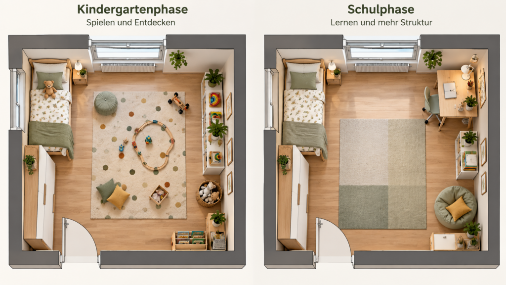 Zwei Kinderzimmer-Grundrisse zeigen die Umgestaltung von Spielfläche zu Lernbereich.