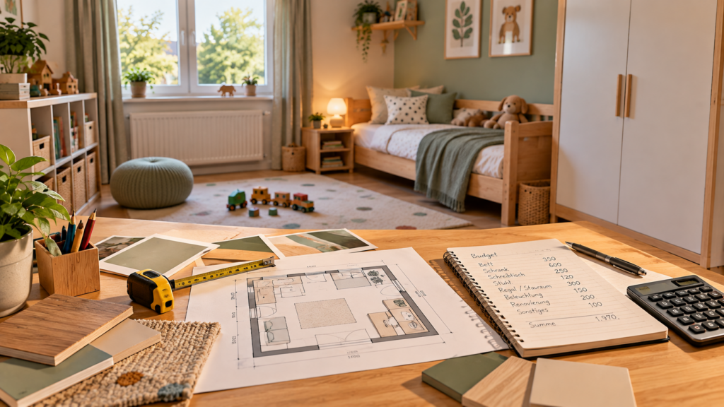 Kinderzimmer-Umbau planen mit Grundriss, Materialmustern und Budgetübersicht.