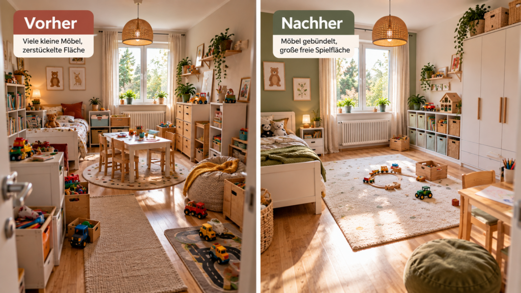 Vergleich eines übermöblierten Kinderzimmers mit Kinderzimmer und freier Spielfläche