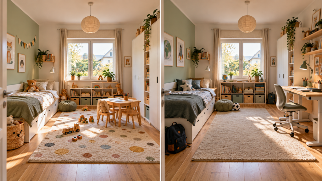 Dasselbe Kinderzimmer als Spielzimmer und Schulkindzimmer mit veränderter Einrichtung