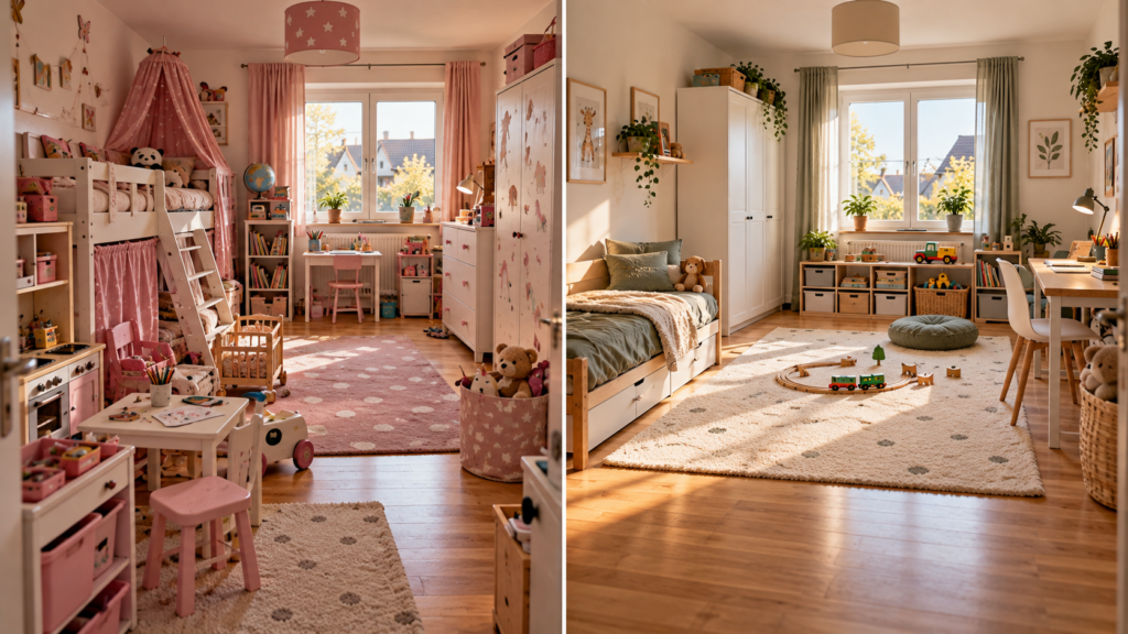 Vergleich zwischen kostenintensiv übermöbliertem Kinderzimmer und langfristig flexibel eingerichtetem Kinderzimmer.