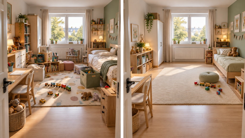 Kinderzimmer-Vergleich mit übermöblierter und frei geplanter Spielfläche.