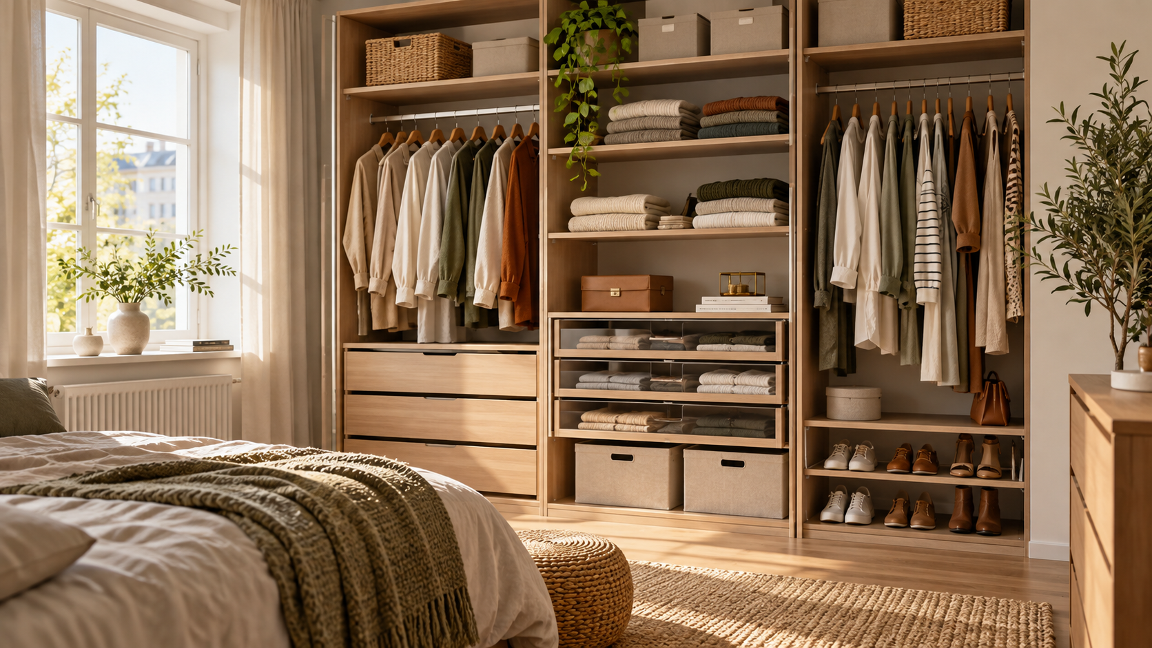 Übersichtlicher Kleiderschrank mit Kleiderstangen, gefalteter Kleidung, Schubladen und Aufbewahrungsboxen in einem hellen Schlafzimmer.
