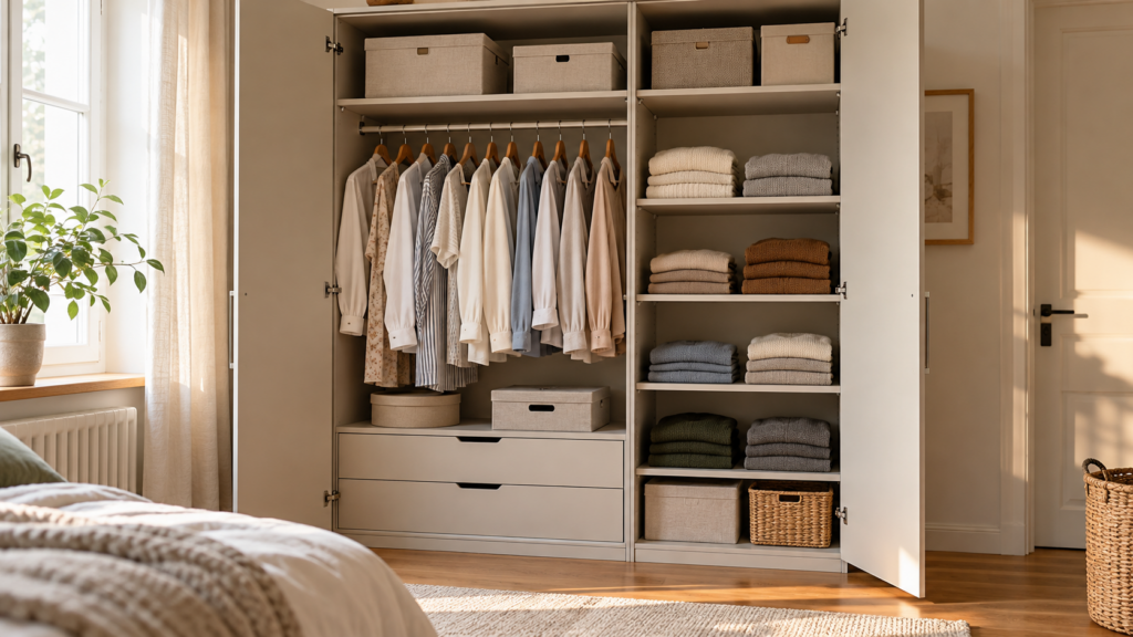 Modular eingerichteter Kleiderschrank mit Kleiderstange, mehreren Regalböden, Schubladen und beschriftungsfreien Aufbewahrungsboxen.