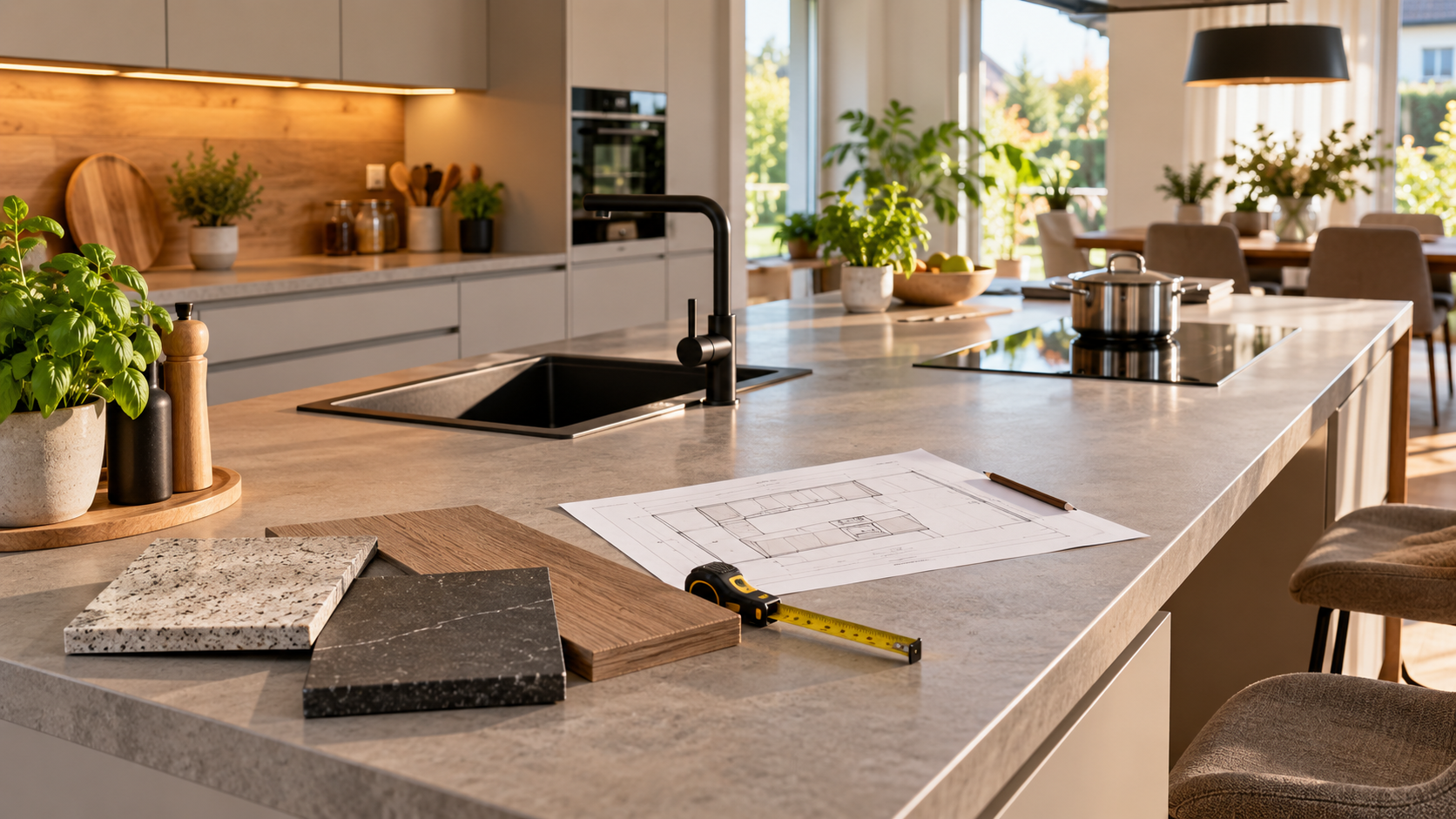 Küchenarbeitsfläche mit Materialmustern, Maßband und Küchenplan zur realistischen Kostenplanung