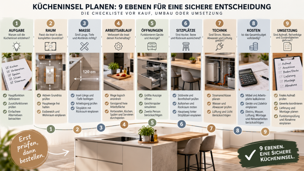 Checkliste mit neun Prüfebenen vor dem Kauf oder Umbau einer Kücheninsel. Kücheninsel planen Checkliste