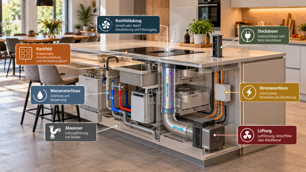 Technikplanung für Kücheninsel mit Strom, Wasser, Abwasser und Kochfeldabzug