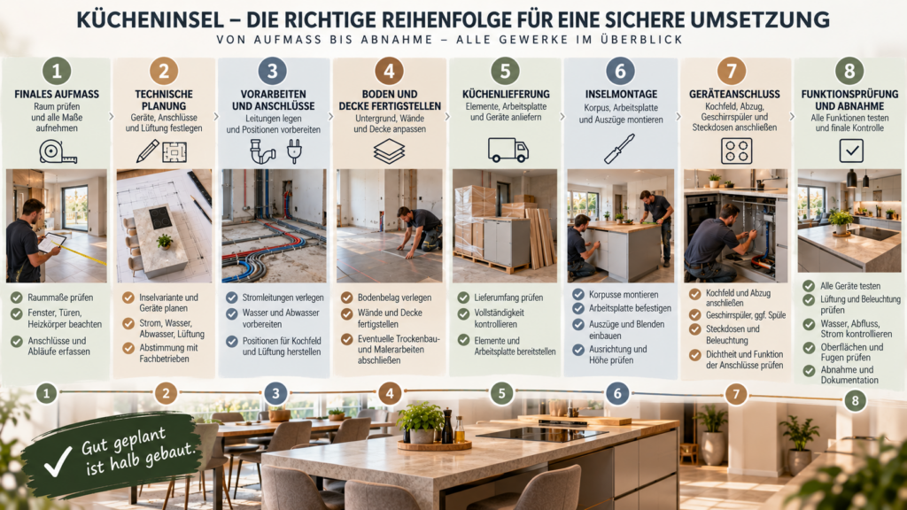 Reihenfolge von Aufmaß, Anschlüssen, Montage und Abnahme einer Kücheninsel