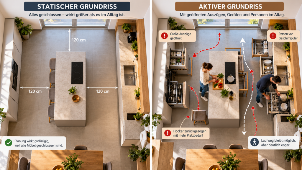 Kücheninsel im statischen und aktiven Grundriss mit geöffneten Auszügen und Laufwegen