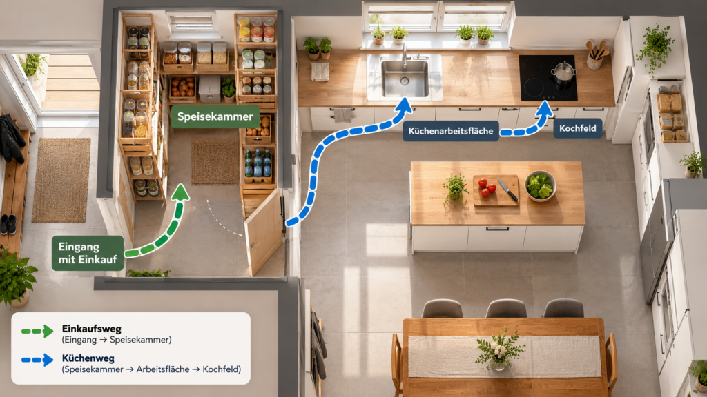 Einkaufsweg und Weg von der Speisekammer zur Küchenarbeitsfläche