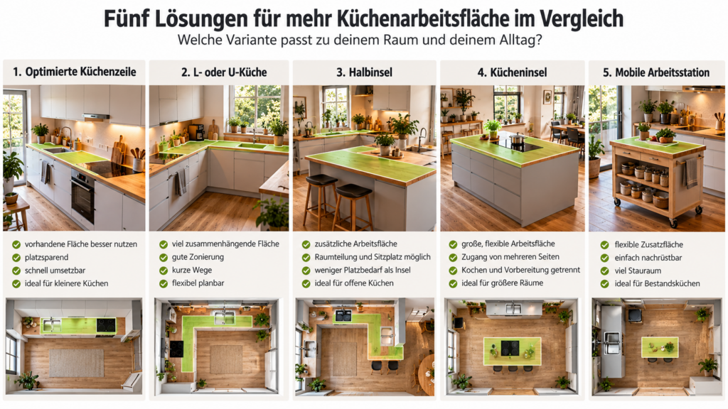 Küchenarbeitsfläche planen – fünf Lösungen mit Küchenzeile, Halbinsel und Kücheninsel im Vergleich