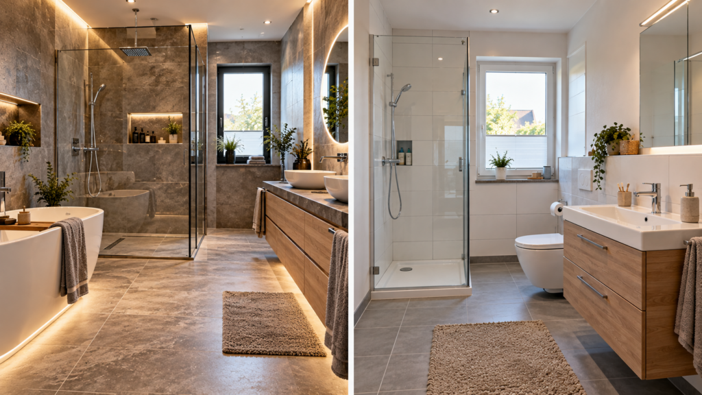 Vergleich zweier Badezimmer mit unterschiedlichem Ausstattungs- und Kostenaufwand.