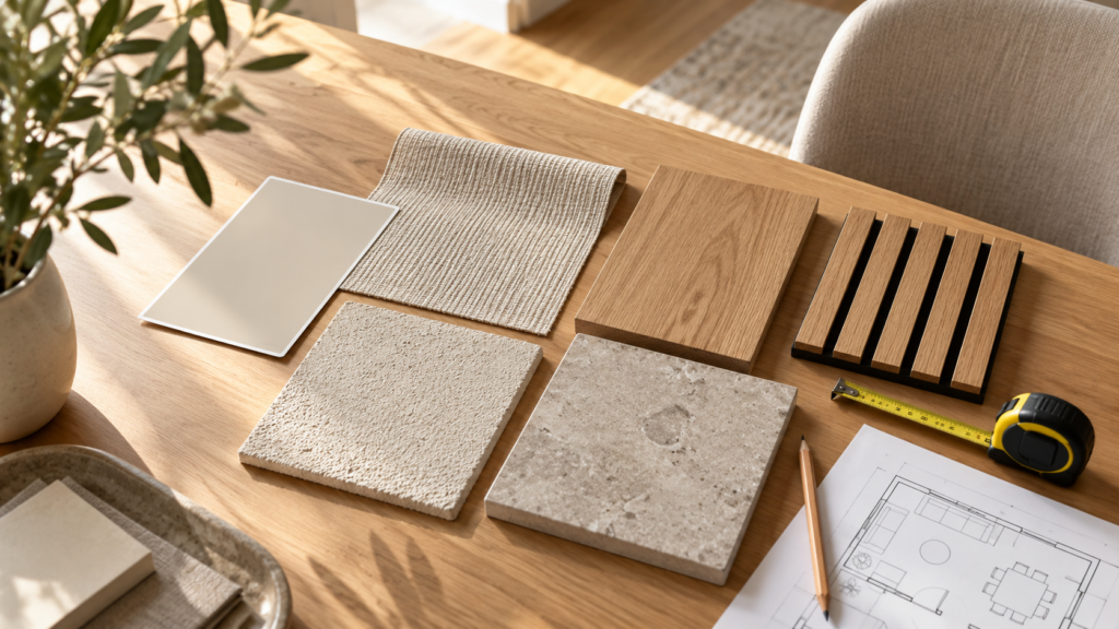 Materialmuster für Wandgestaltung mit Wandfarbe, Tapete, Eichenholz, Akustikpaneelen, Dekorputz und Steinoptik.