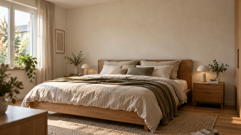 Ruhiges Schlafzimmer mit fein strukturiertem beigem Dekorputz hinter einem Holzbett und natürlichen Wohnaccessoires.