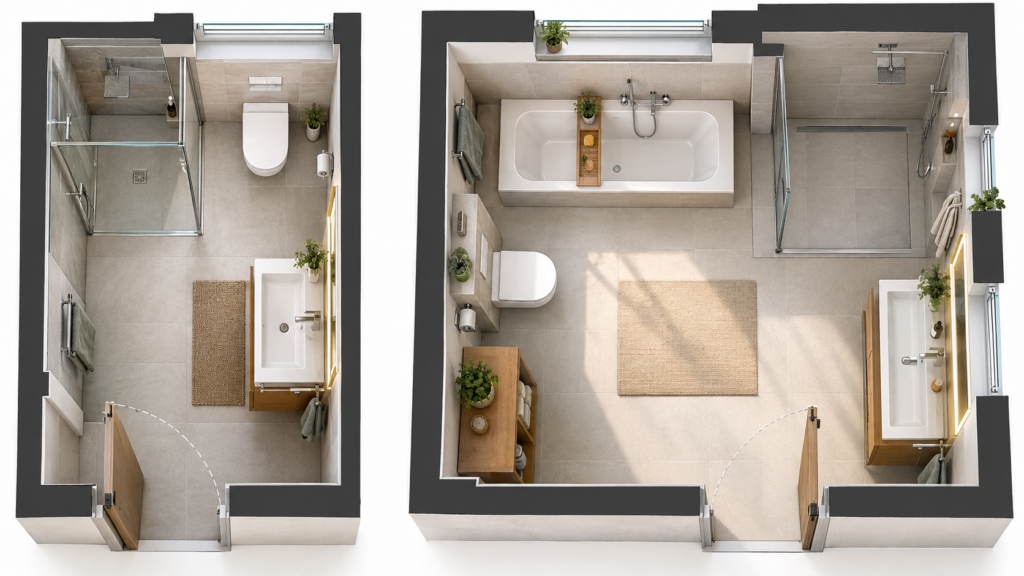 Vergleich zweier Badezimmergrundrisse mit Dusche, WC, Waschtisch und Bewegungsflächen.