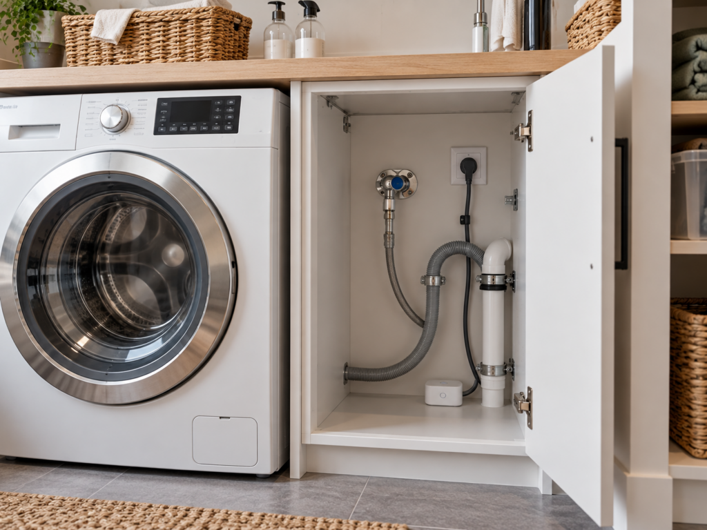 Zugänglicher Waschmaschinenanschluss mit Wasserzulauf, Abwasserleitung und Wassersensor im Hauswirtschaftsraum.