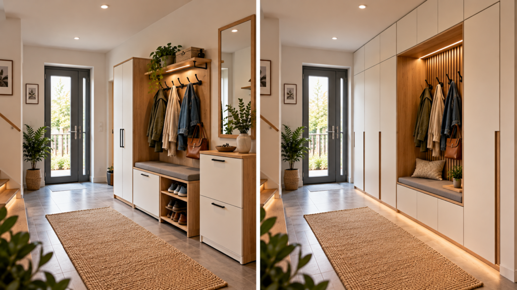 Modulare Garderobe und maßgefertigter Einbauschrank im gleichen Flur verglichen.