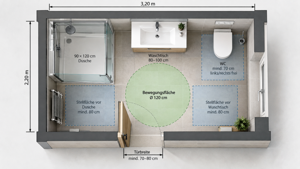 Badezimmergrundriss mit Dusche, WC, Waschtisch und freien Bewegungsflächen.